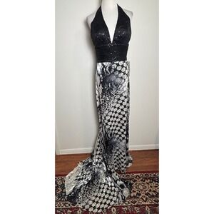 Tony Bowls VTG Silk Animal Print‎ Evening Gown 10 Glam Sequin Halter Plunge Neck